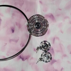 Elegant Black & Silver Necklace & Earrings Set – Circular Geometric Design